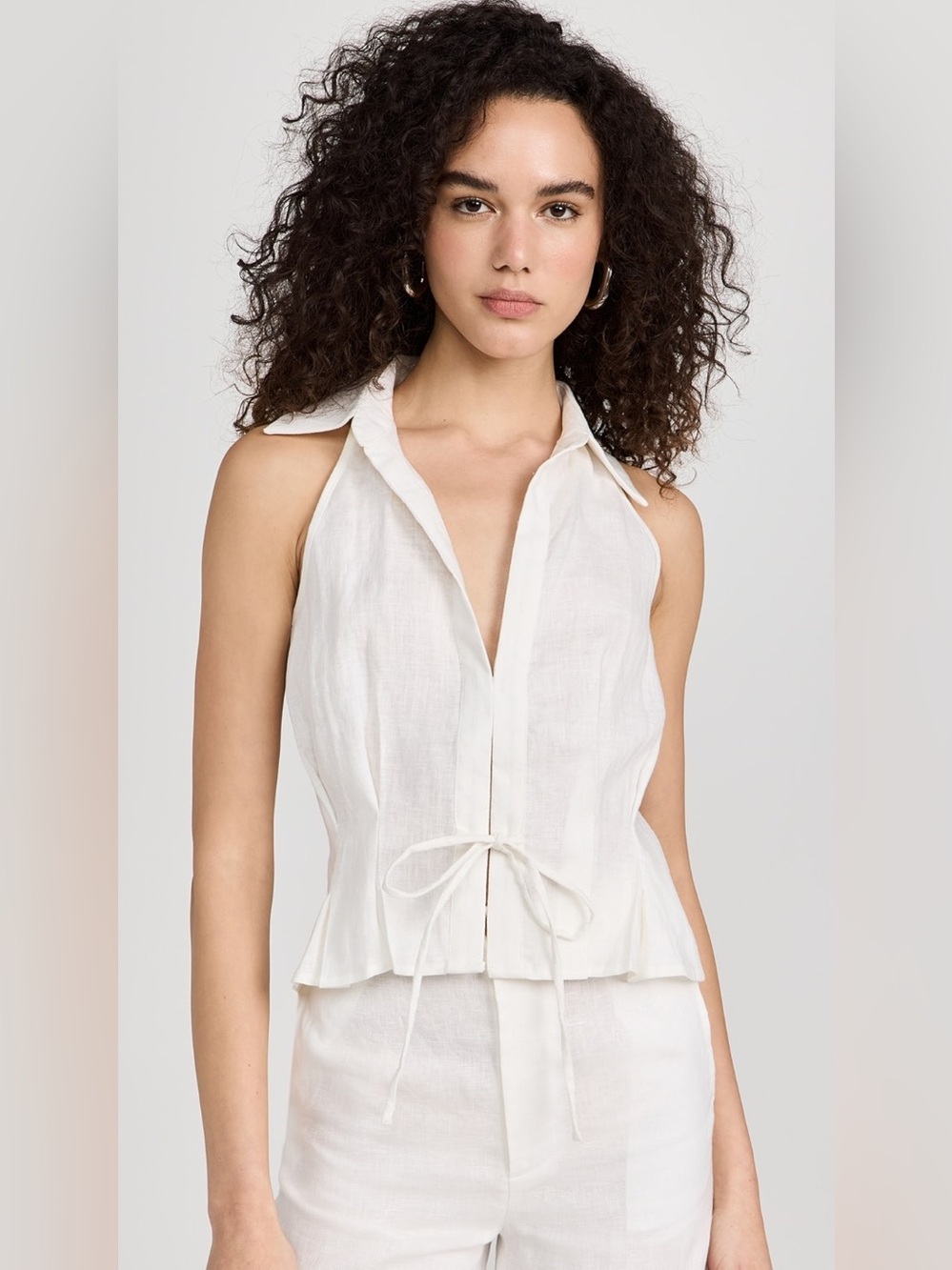 HEVRON Sloan Linen White Sleeveless Collared Tie Front Coastal Grandma Vest Sz S